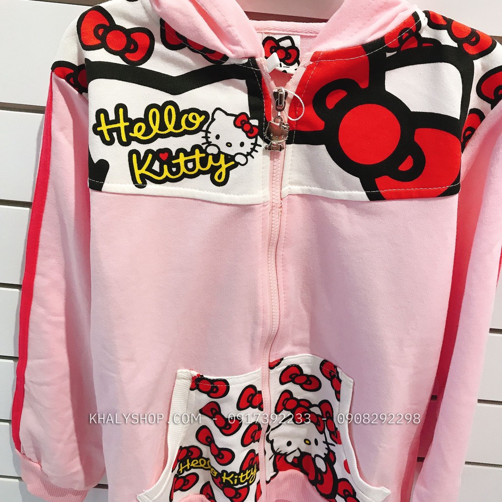 Áo khoác nón và dây kéo hình Mèo Hello Kitty nơ màu hồng nhạt size số 10 cho bé gái 9,10 tuổi - AKKTHS10