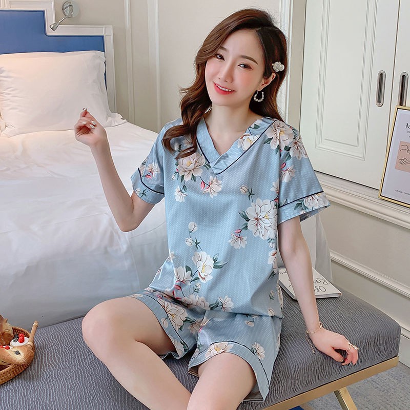 Set Đồ Ngủ Ngắn Vải Lụa Phong Cách Hàn Quốc Cho Nữ