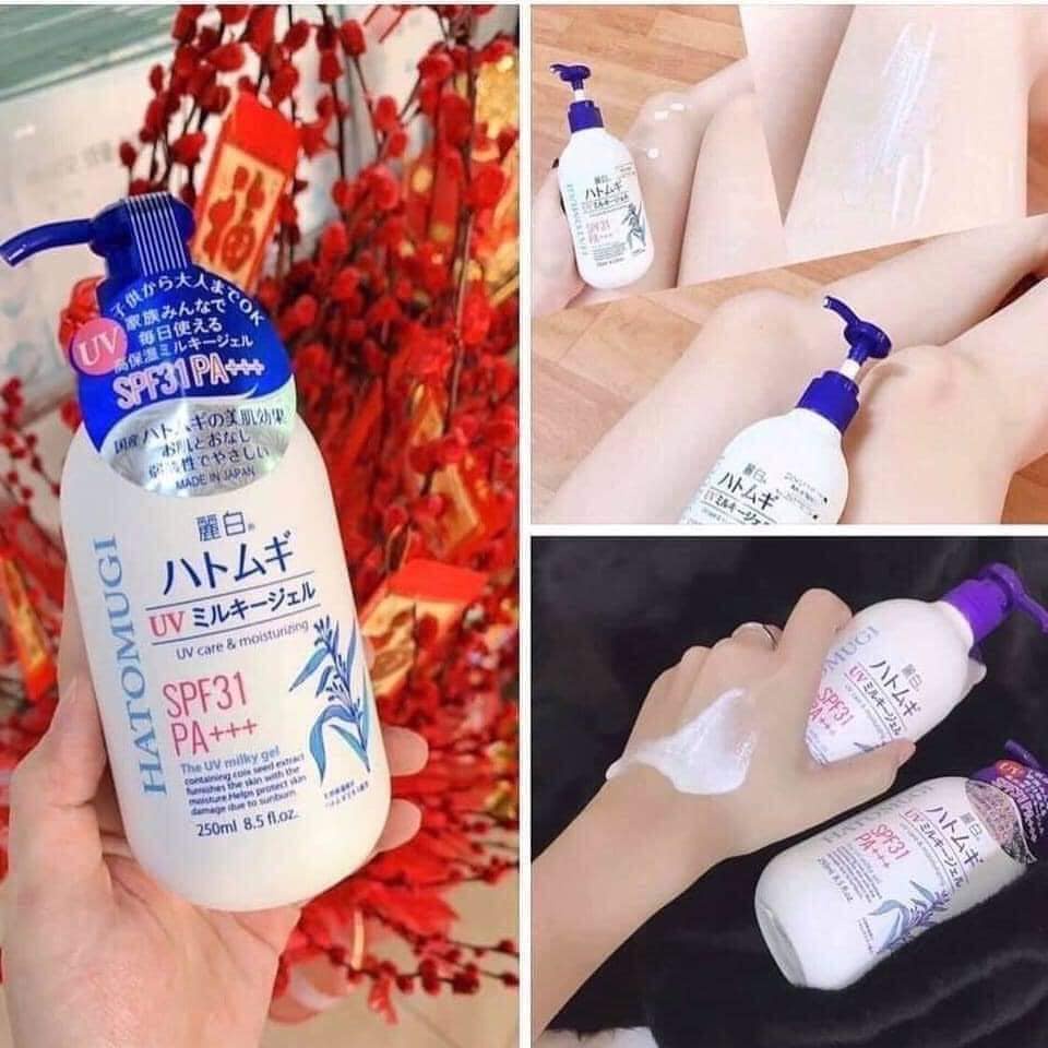 Sữa dưỡng thể Hatomugi trắng da chống nắng Nhật Bản Hatomugi uv milky gel SPF31 PA +++ 250ml