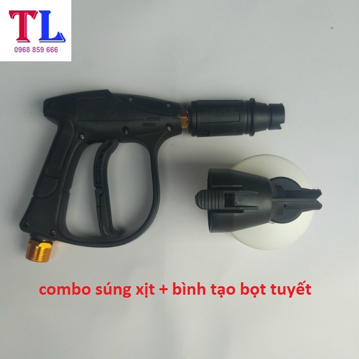 Súng Xịt Rửa Xe Áp Lực Cao Và Bình Tạo Bọt Tuyết (súng đen ren 22mm + bình bọt tuyết 0,5 lít)