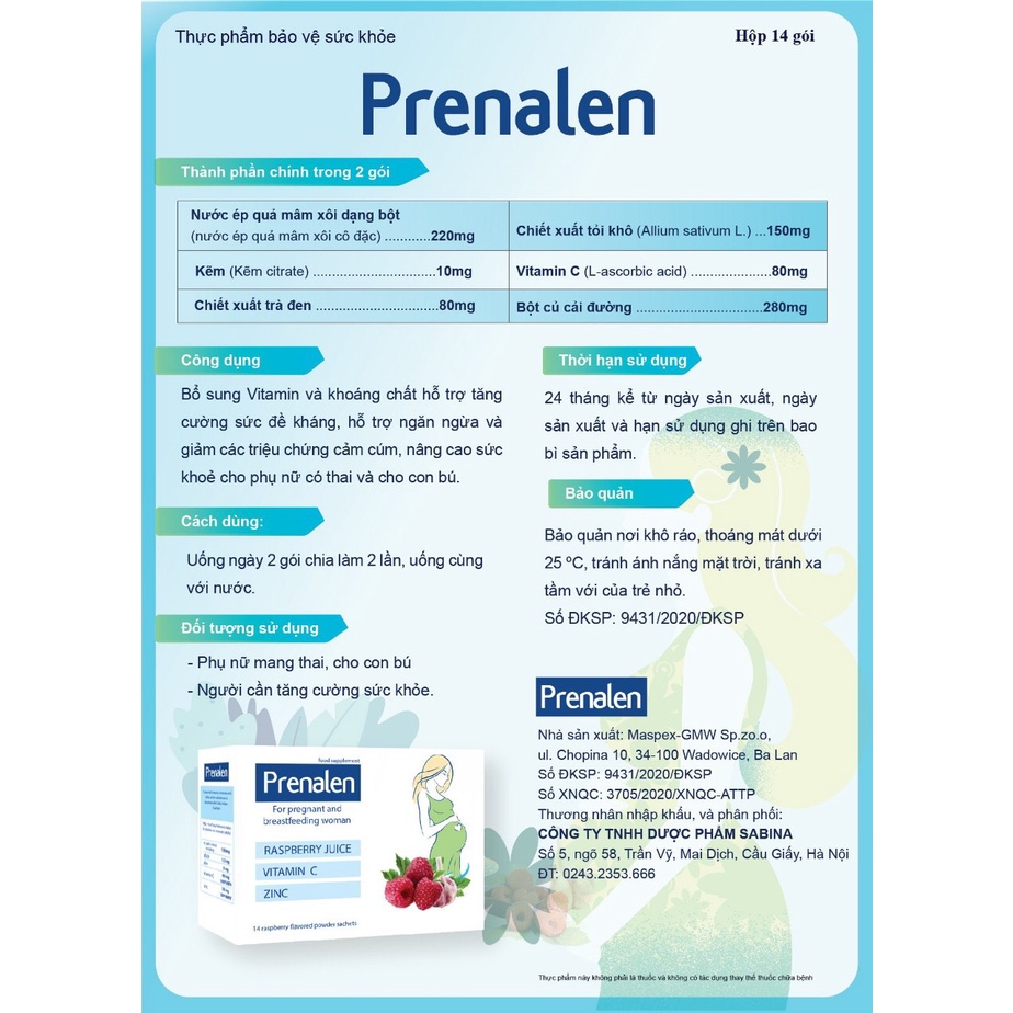 Gói bột uống thảo dược Prenalen. Tăng đề kháng cho mẹ bầu, cho con bú (Nhập khẩu chính hãng)
