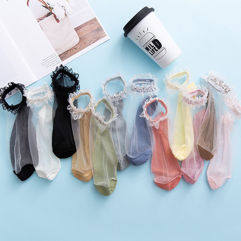 Flocoral Flowers Lace Decor Ladies Socks Transparent Thin Crystal Silk Elastic Cotton Sole Elegant Women Ankle Socks New Girls Hosiery