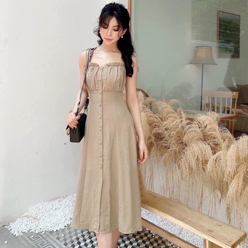 Đầm váy 2 dây maxi nút bọc thanh lịch đi biển/ đi tiệc có mút ngực