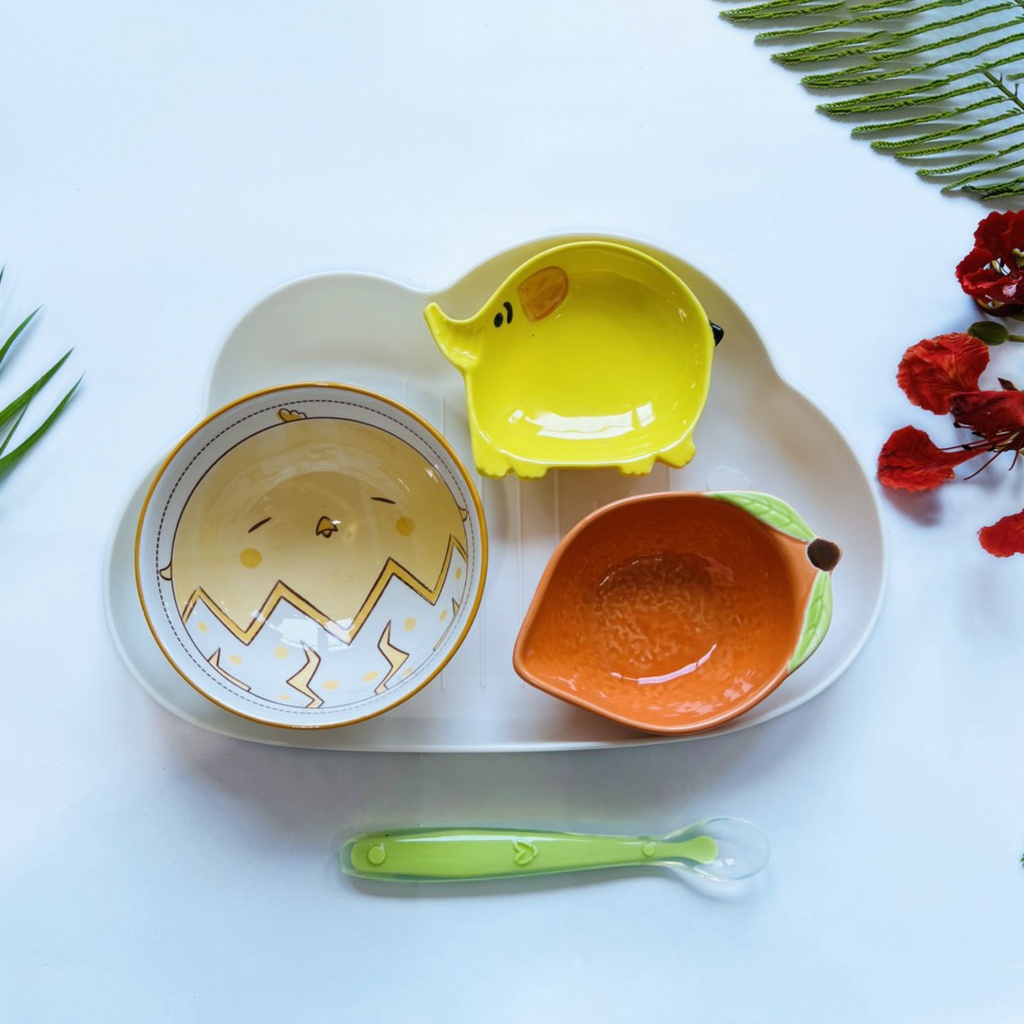 Bát Sứ Ăn Dăm, Set Bát Ăn Dặm Gốm Sứ Nhiều Màu Nhiều Hình Ngộ Nghĩnh Tặng Kèm Thìa Cho Bé