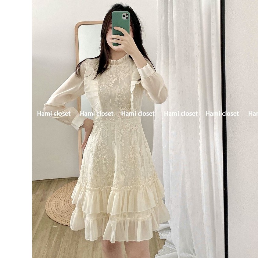 Váy thiết kế thêu hoa ren chất voan tơ dáng đầm ôm xếp ly hai tầng hàng chuẩn có size Mã V004