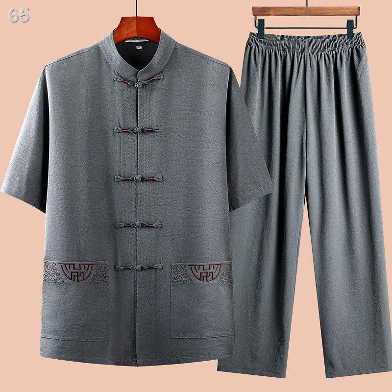 Tang suit nam bộ đồ ngắn tay bằng vải cotton và lanh 50 quần áo mùa hè cho người trung niên già Hán ông bà 60 t