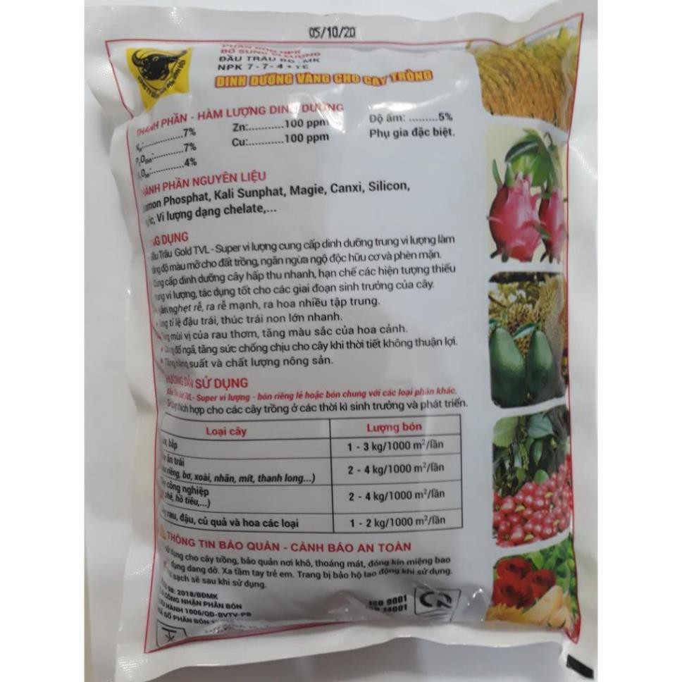 Phân hữu cơ vi lượng Gold TVL Đầu Trâu cung cấp trung vi lượng giúp hạ phèn ra rễ gói 1kg