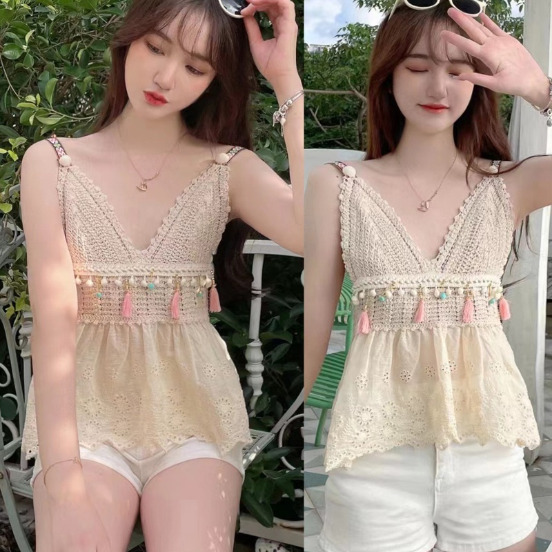 Áo Dệt Kim Peplum Hai Dây Cổ Chữ V Phối Tua Rua Thêu Họa Tiết Phong Cách Boho Thời Trang Mùa Hè Cho Nữ
