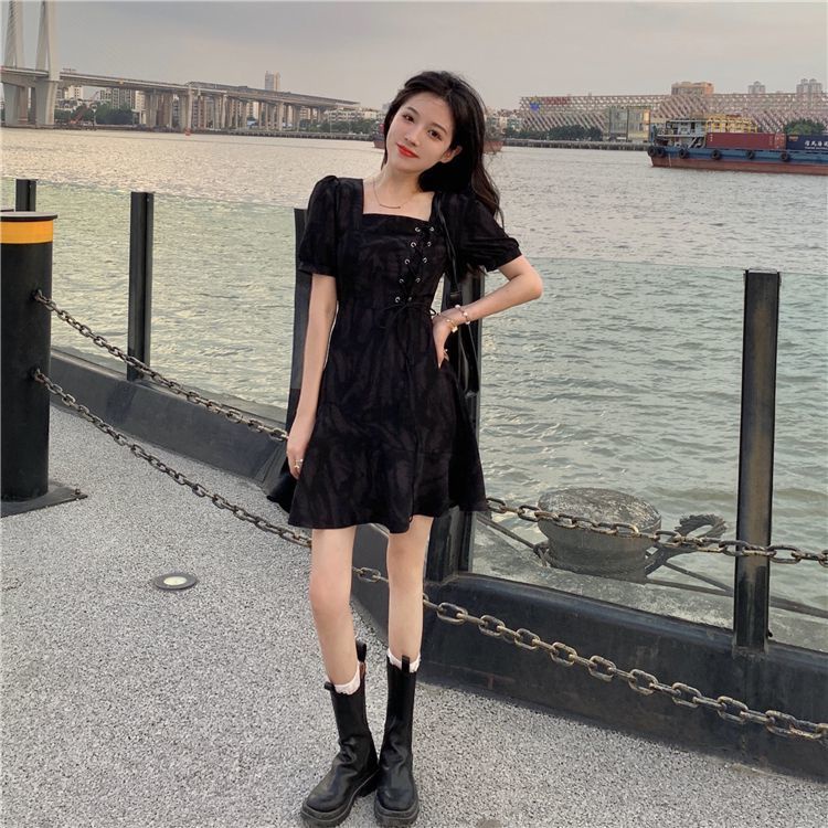 Đầm Tay Phồng Cổ Vuông Phong Cách Hepburn Hàn Quốc Thời Trang 2022 Mới