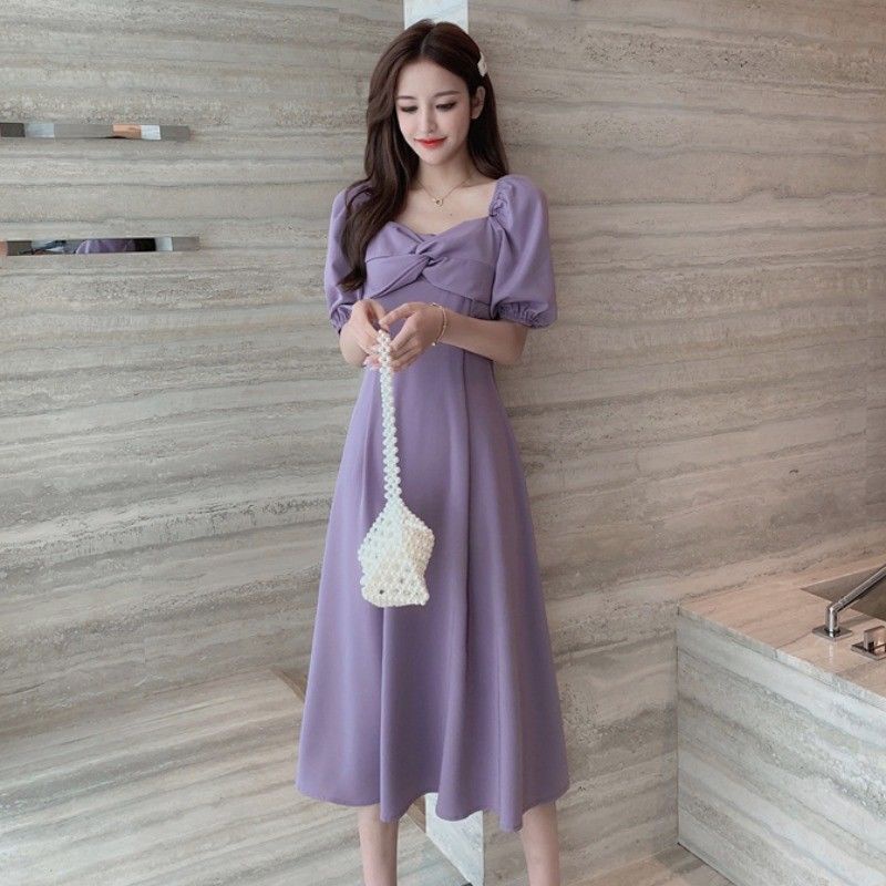 French Gentle Simple Temperament Long Dress2021Summer Fairy Square Collar Slimming Slimming Purple Elegant Dress