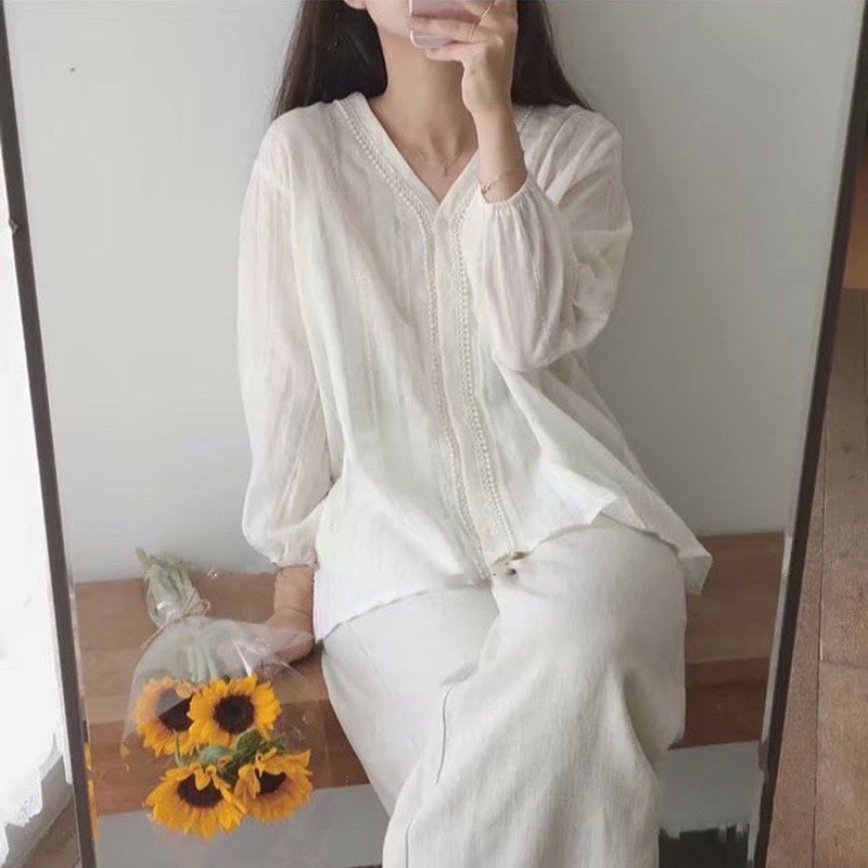 Áo sơ mi ren hạt tay ngắn , Áo trắng kiểu cách điệu thiết kế ulzzang (ảnh thật)