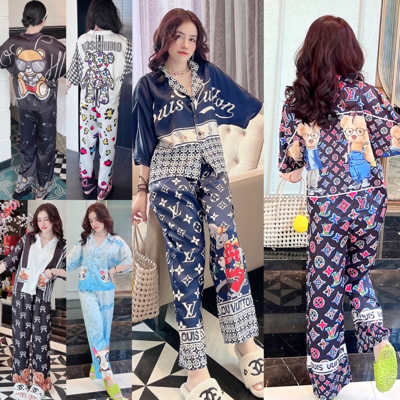 Đồ bộ pijama tay ngắn quần dài LỤA cổ sơmi - cổ tròn tay cánh dơi mặc nhà (dưới 65kg)
