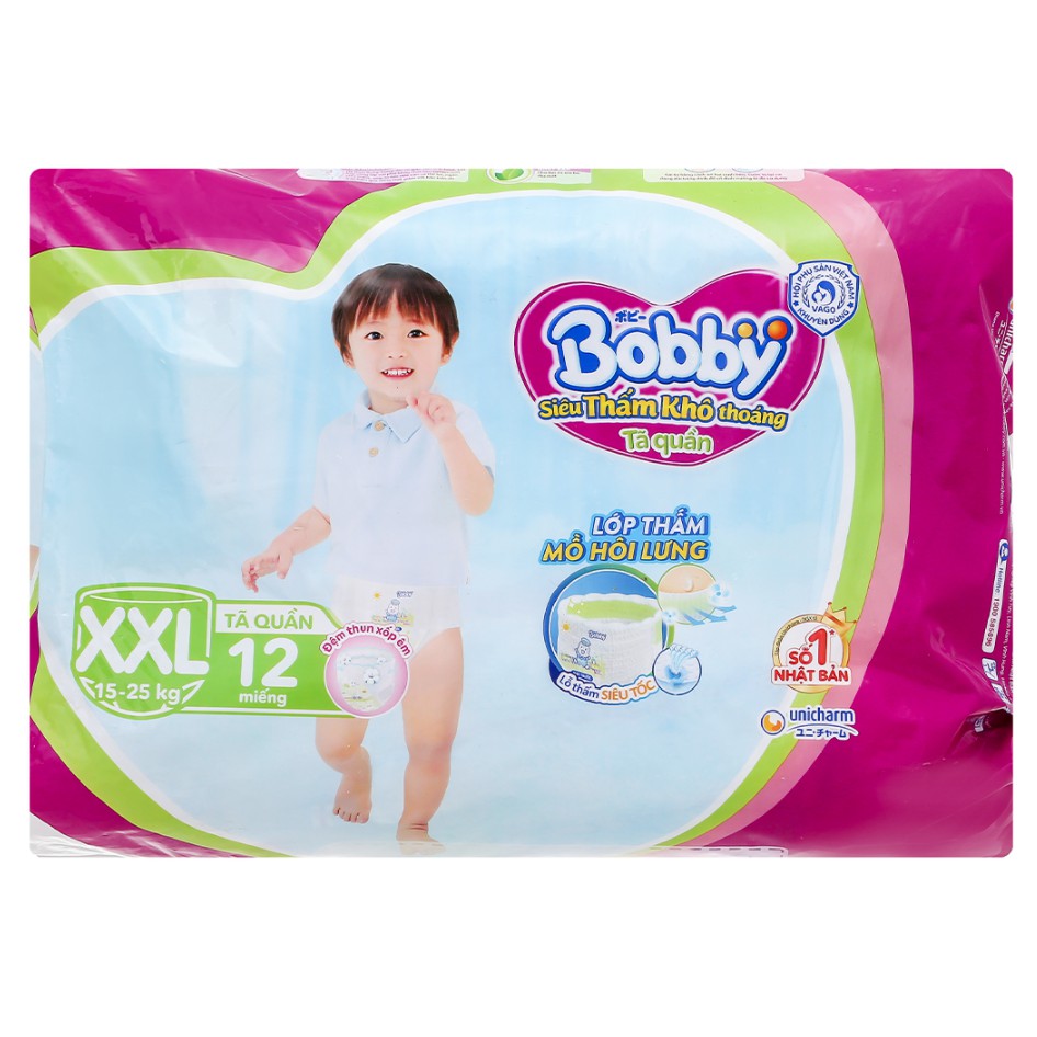 Tã Quần Siêu Mỏng Bobby XXL12 (trên 16kg) - Đệm Thấm Lưng Mồ Hôi