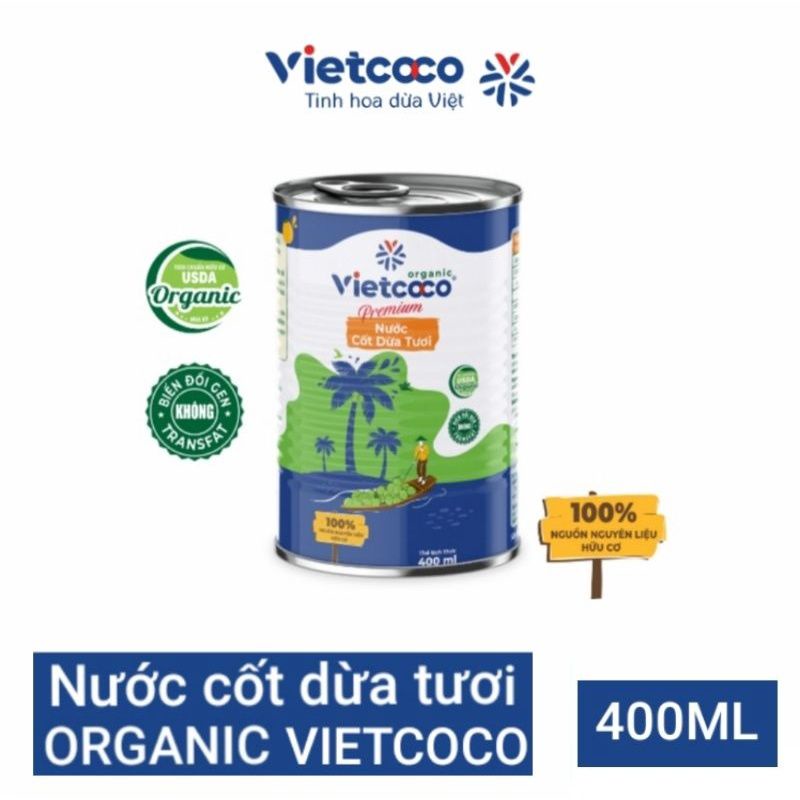 Nước cốt dừa tươi hữu cơ organic nguyên chất Vietcoco lon lớn 400ml đặc béo thơm ngon giàu dưỡng chất