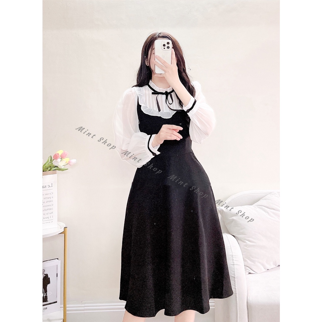 Váy thiết kế phối đen- trắng, đỏ trắng tay voan cổ bèo nơ kiểu dáng tiểu thư sang trọng | BigBuy360 - bigbuy360.vn