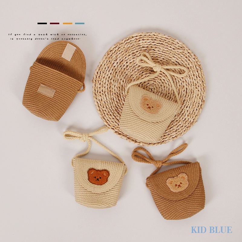 Túi Đeo Chéo Đan Cói Nắp Lật Hình Gấu Hoạt Hình Phong Cách Hàn Quốc Thời Trang Mùa Hè Dành Cho Bé Trai Bé Gái