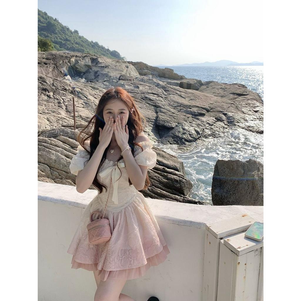 Lalisas Đầm Công Chúa Ngắn Ôm Eo Tay Phồng Cổ Vuông Thay Đổi Màu Sắc Theo Phong Cách Kỳ Nghỉ