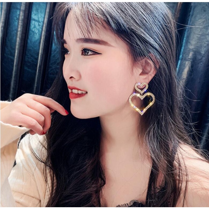 Bông Tai Mạ Bạc 925 Dáng Dài Hình Trái Tim Đính Đá Thời Trang Cho Nữ