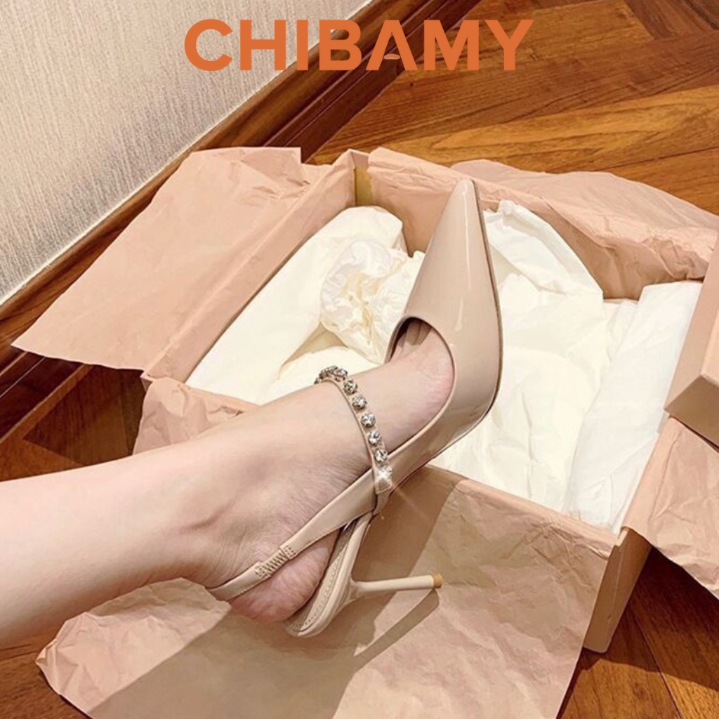 Giày cao gót nữ mũi nhọn đính đá Rhinestone gót nhọn cao 9cm hở gót hàng cao cấp CHIBAMY