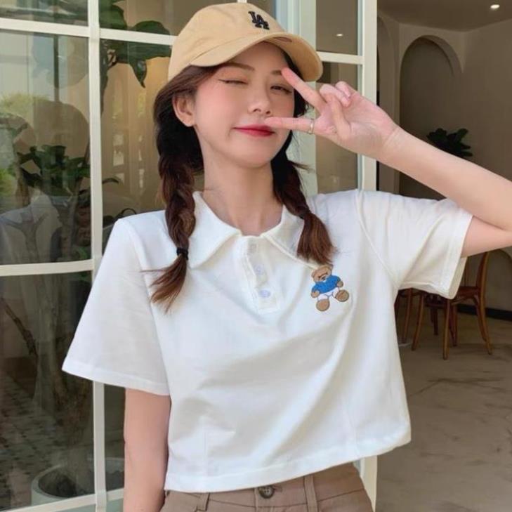 Áo croptop cộc tay dưới 55kg jumestore - Áo polo thêu hình con gấu