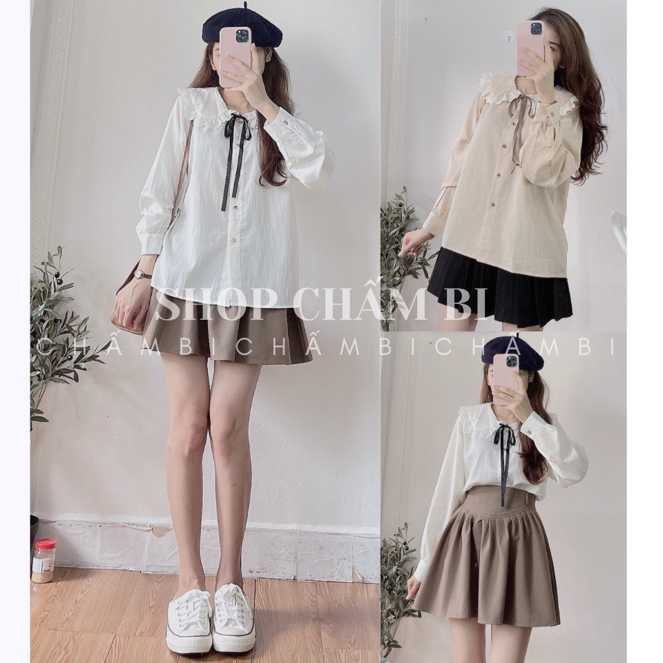 Áo sơ mi kiểu nữ A.254, Áo kiểu dài tay cổ sen pha bèo ren thắt dây nơ cách điệu style Hàn Quốc (dây nơ rời) - HÀNG MỚI