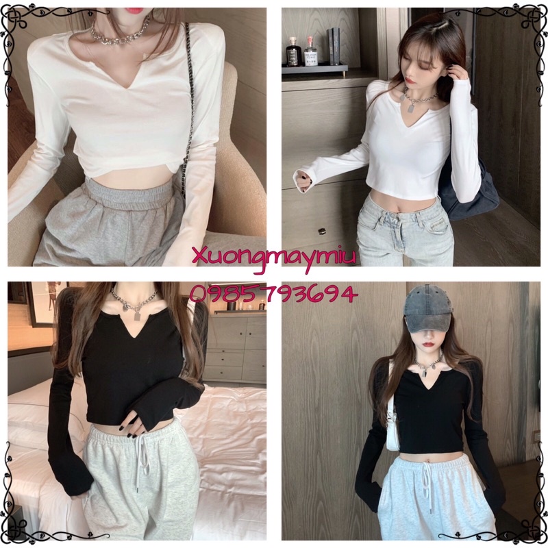 Áo croptop tăm dài tay nữ 🌸 Áo cổ V tay dài chất len tăm len gân - Hàng nhập khẩu