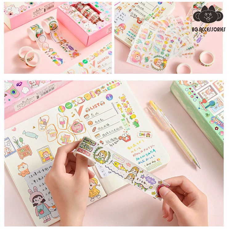 Hộp Sticker Cute, Washi Tape Sticker Cô Gái kute Set 10 Washi tape 10 Stickers Trang Trí Sổ Tay