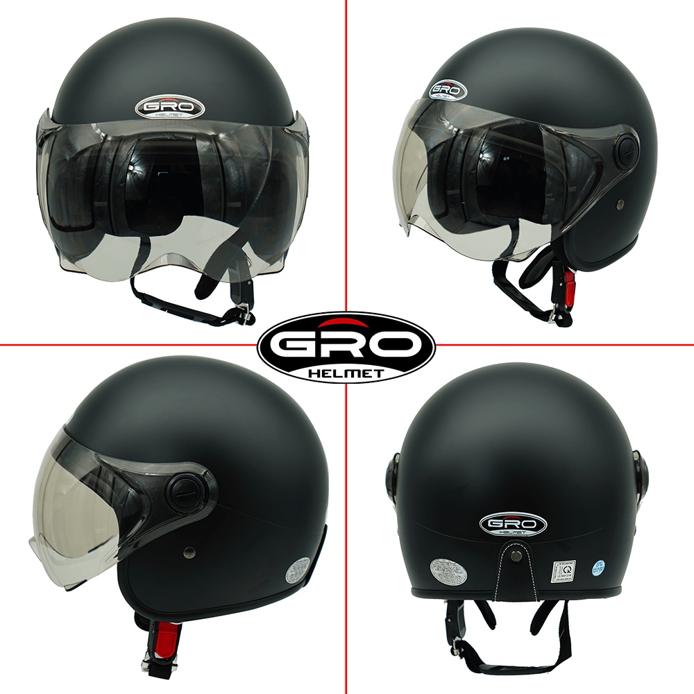 Mũ Bảo Hiểm 3/4 đầu GRO Helmet T818 có kính ngắn che nửa mặt, kiểu dáng thời trang cho nữ, khóa kim loại - Đen Nhám