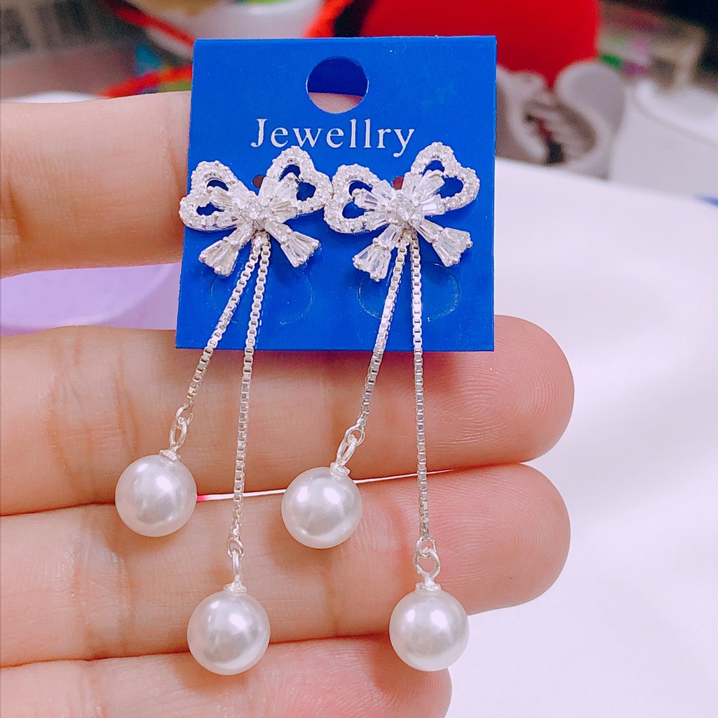 Bông tai bạc ta dáng dài hình nơ treo hạt châu duyên dáng phù hợp đi dự tiệc - Bạc Bibi