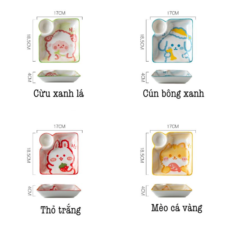 Đĩa vuông sứ có ngăn chấm kute sẵn 4 mẫu