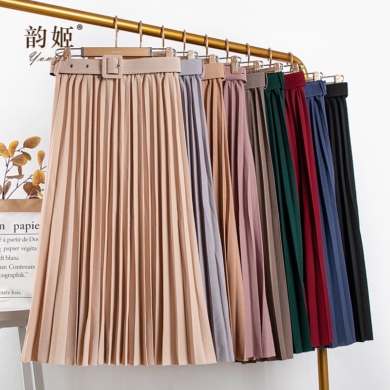 #1915 Chân váy xếp ly dáng dài kèm đai chất sạn hàng Quảng Châu