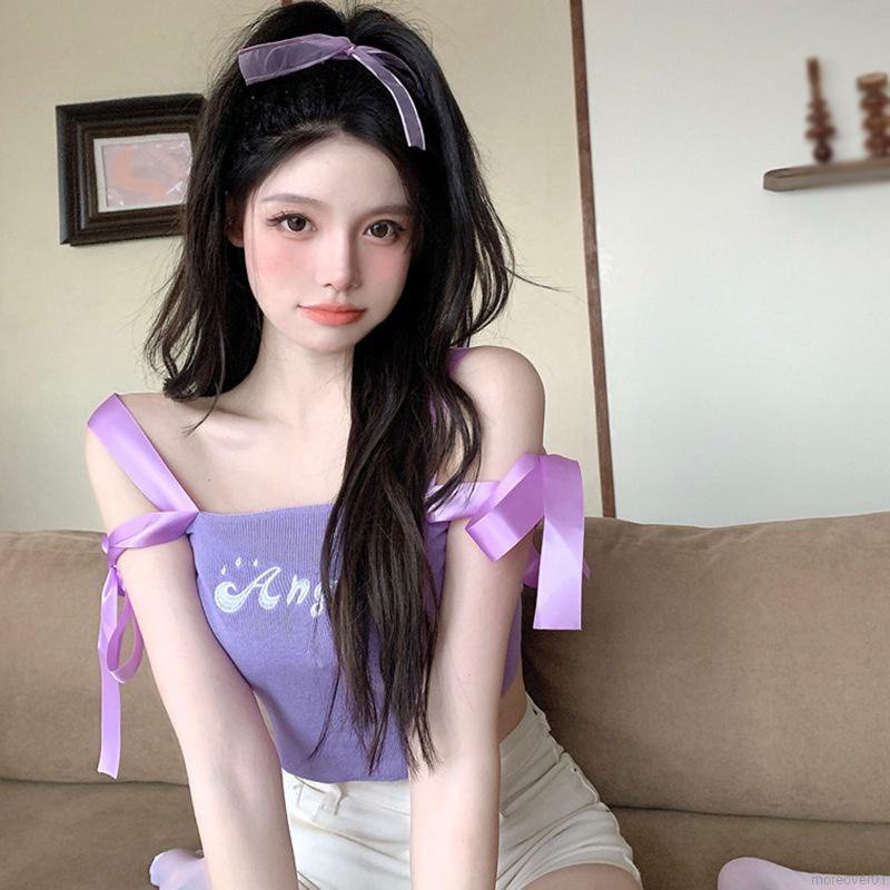 Áo Croptop Dệt Kim Trễ Vai Tay Ngắn In Chữ Phong Cách Hàn Quốc Quyến Rũ Cho Nữ | BigBuy360 - bigbuy360.vn