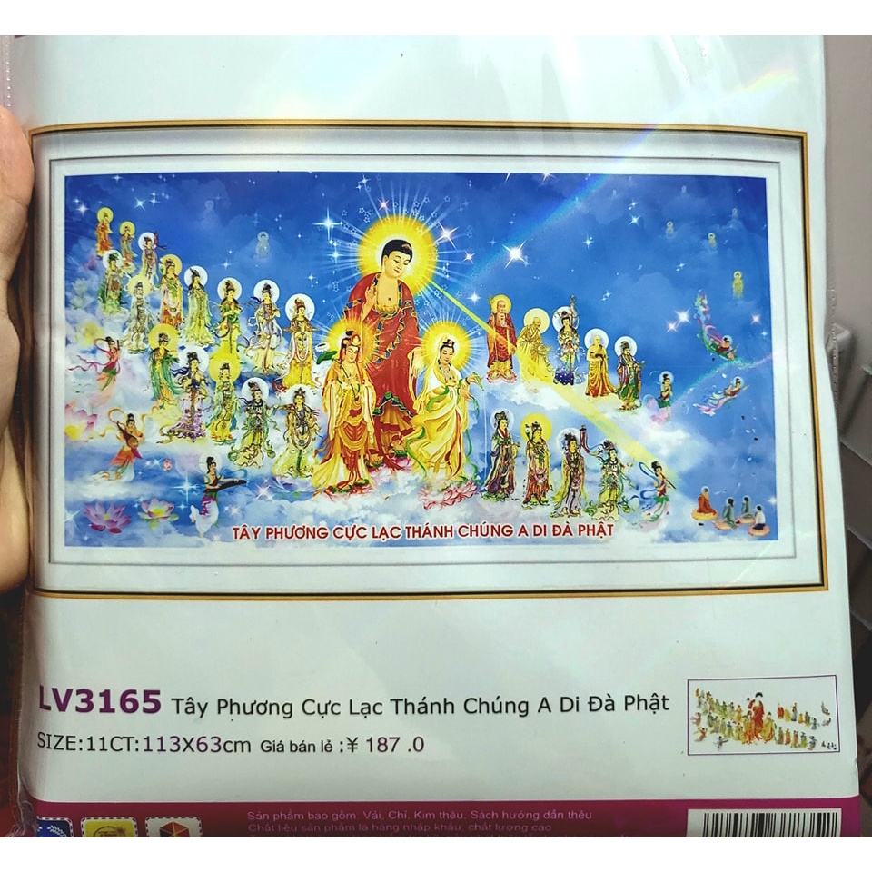 Tranh thêu chữ thập phật tây phương cực lạc KT:113x63cm, tranh chưa thêu.Tặng kéo và xỏ chỉ.