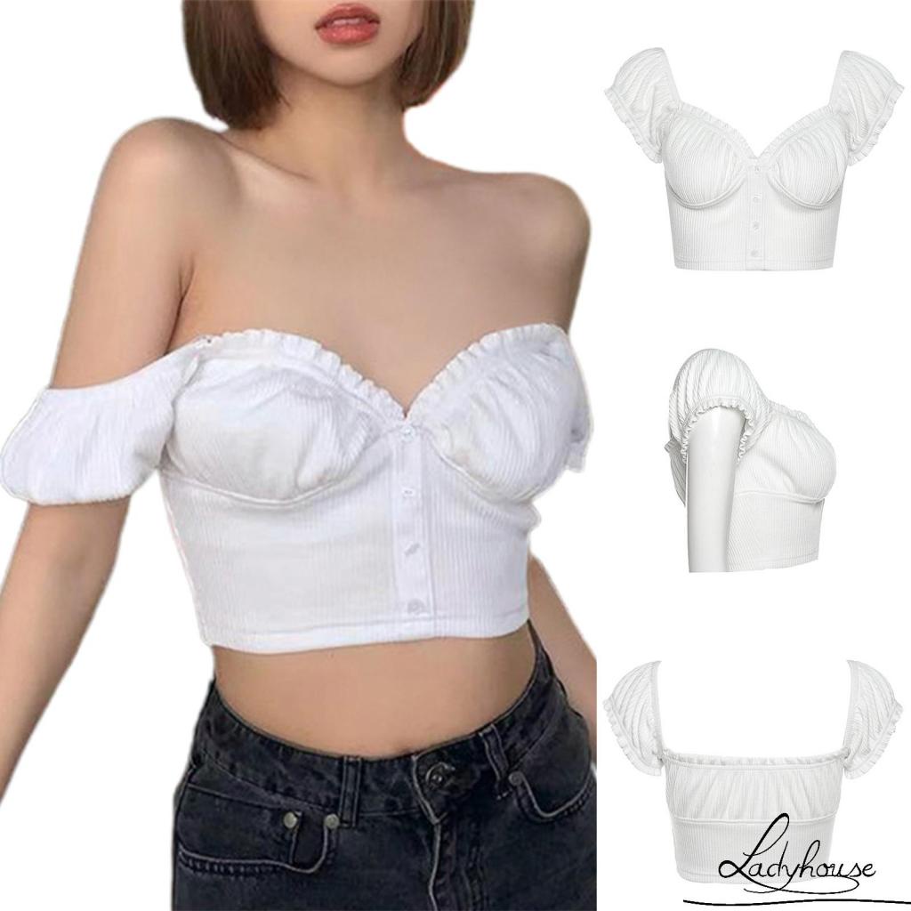 Áo Crop Top Tay Ngắn Trễ Vai Màu Trơn Thời Trang Cho Nữ
