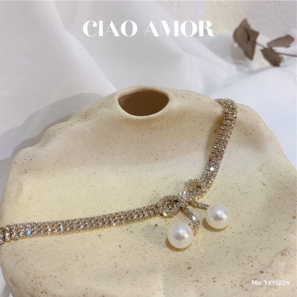 Dây chuyền nữ, vòng cổ, chocker đá 3 lớp đính nơ ngọc Trang sức Ciao Amor - VC0228