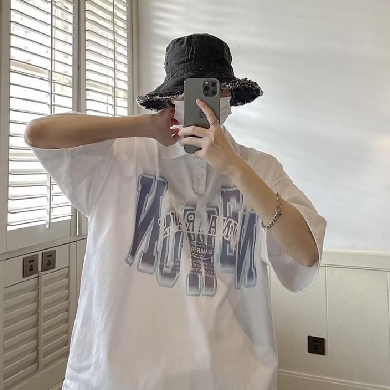 Áo Thun POLO Tay Ngắn Dáng Rộng Thoáng Khí In Chữ Phong Cách hip hop Đường Phố Hàn Quốc Thời Trang Mùa Hè Cho Nam