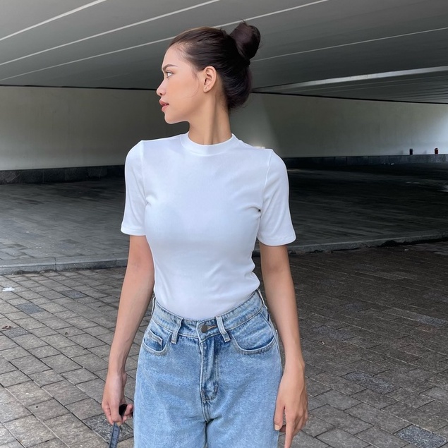 Áo Thun Trơn Nữ Tay Ngắn Cổ Cao Màu Trắng, Đen- HNFBT - Hashtagem ( freesize dưới 53kg)