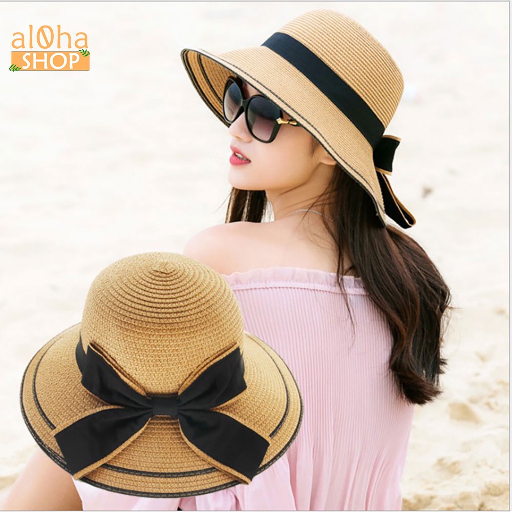 Mũ cói mềm thắt nơ - nón cói vành rộng cụp viền đen chống nắng, đi biển phong cách