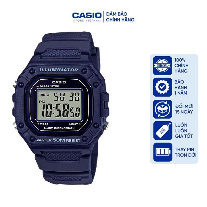 Đồng hồ Unisex Casio W-218H-2AV, đồng hồ chính hãng, silicon full navy (xanh biển)