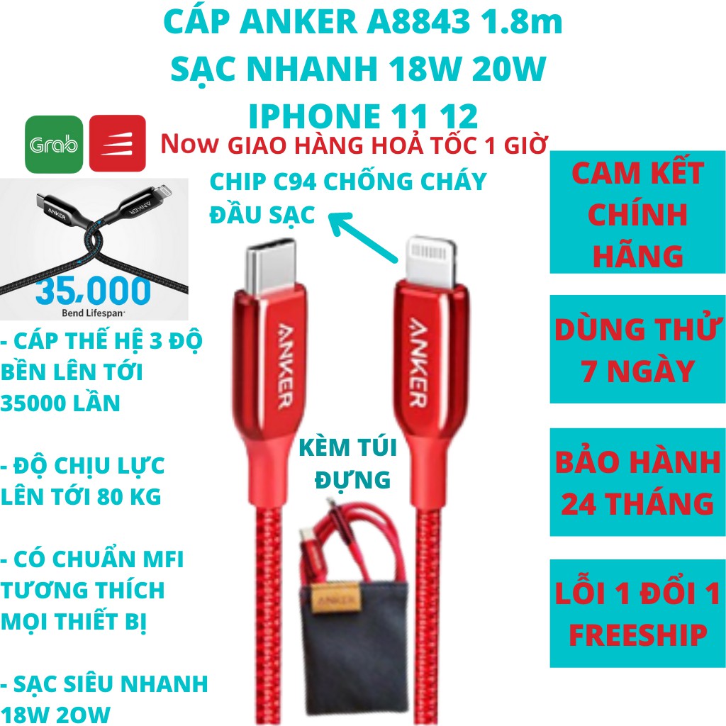 Dây cáp sạc ANKER A8843 1.8m Usb-C to Lighting Powerline + III  - Sạc nhanh IPad IPhone 8 X Xs Xr 11 12 Pro Max