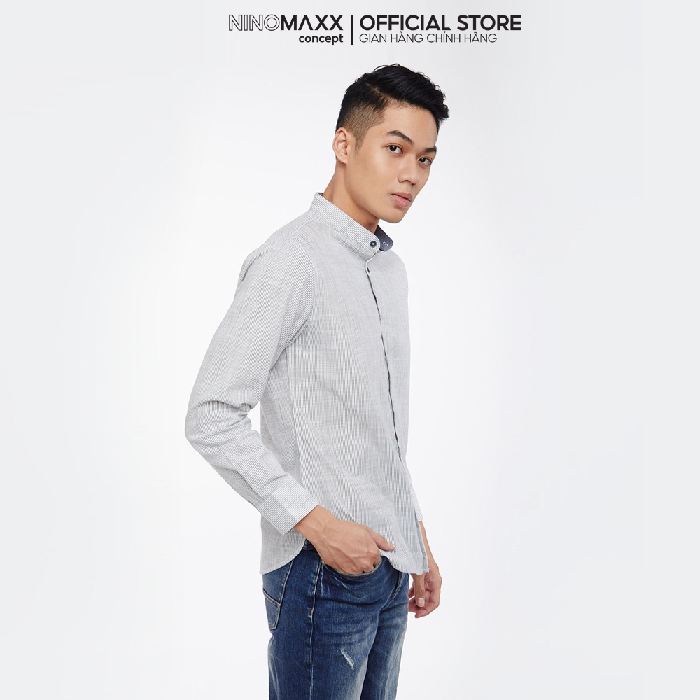 Ninomaxx Áo Sơ Mi Nam dài tay cổ trụ sọc xanh trắng dáng slim fit 100% cotton 1908070