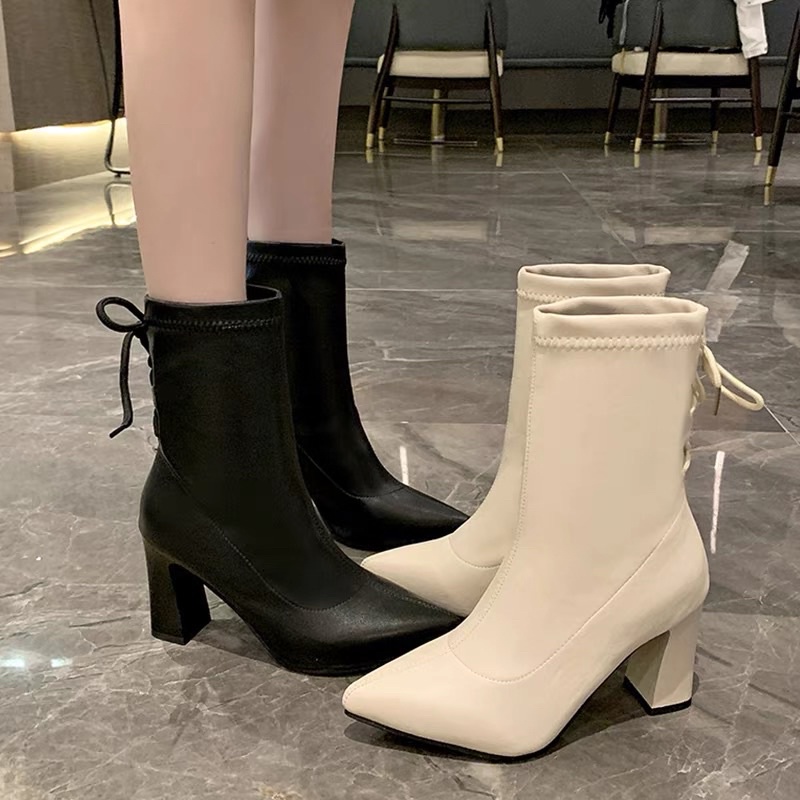 BOOT CAO CỔ DA LÌ GÓT 7CM BUỘC DÂY SAU/BỐT NỮ CAO GÓT MŨI NHỌN | BigBuy360 - bigbuy360.vn