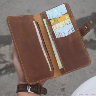 Ví dài da bò sáp ( da sáp ngựa điện ) Handmade Tặng Kèm Móc khóa da