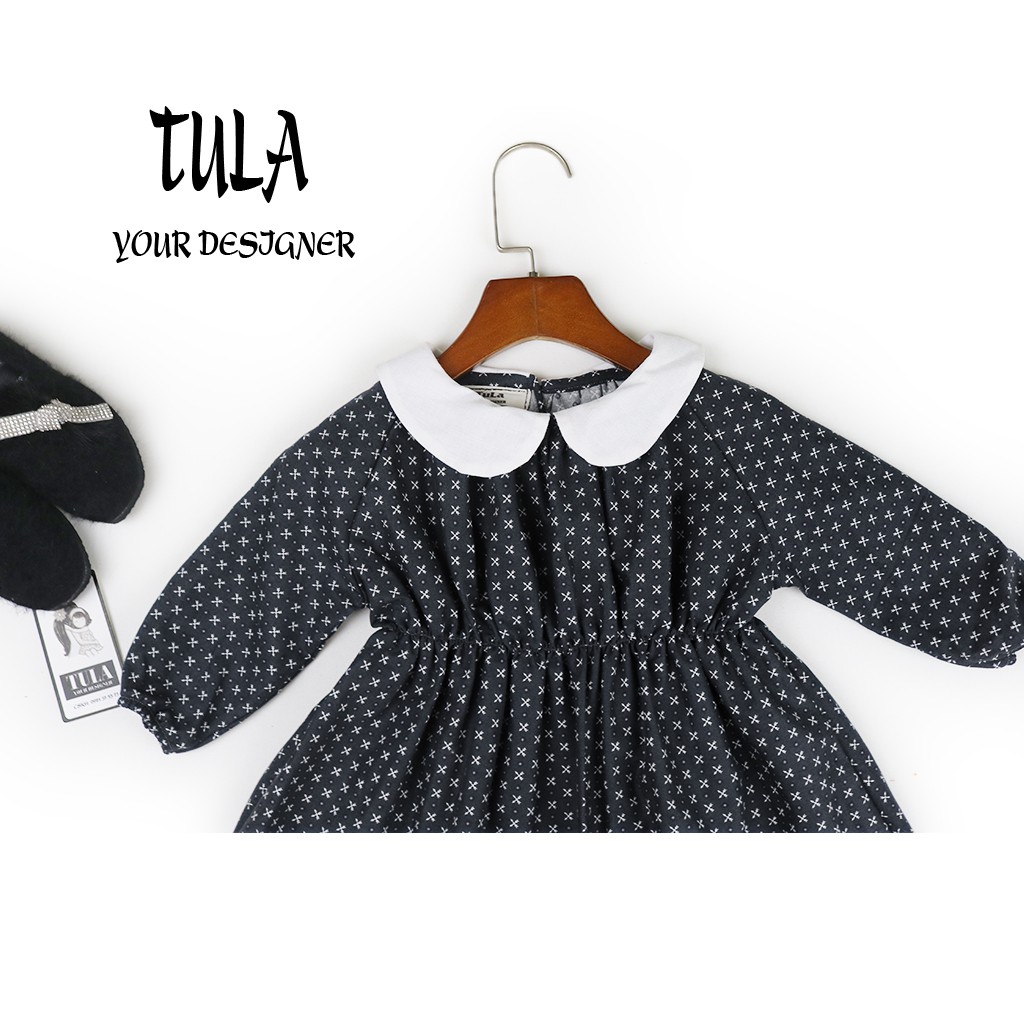 Váy Đầm Bé Gái Chun Eo Phối Cổ Trắng Màu Đen Họa Tiết Nhí Cực Xinh Vải Thô Hàn Quốc