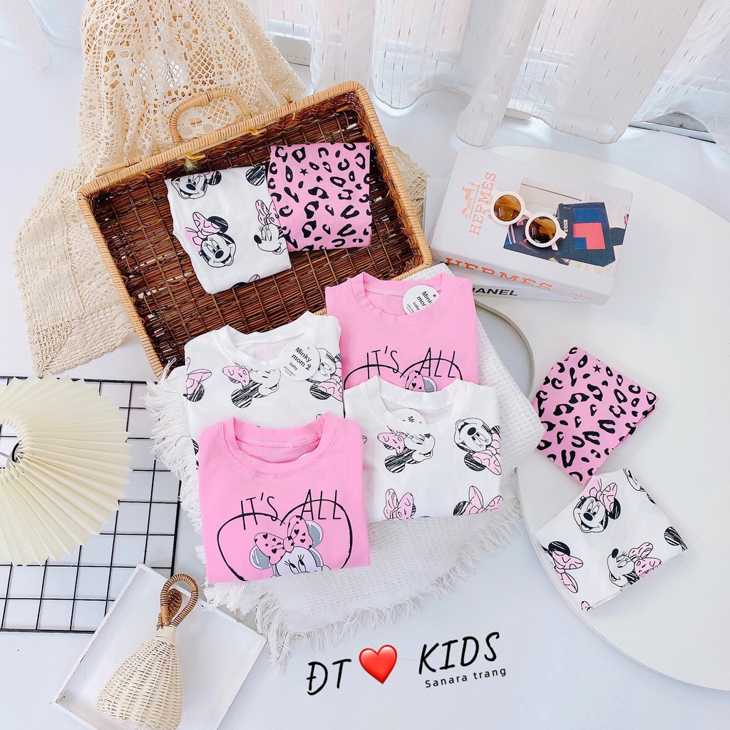 Cặp Bộ Cotton Mickey Nơ Hồng Cho Bé Gái