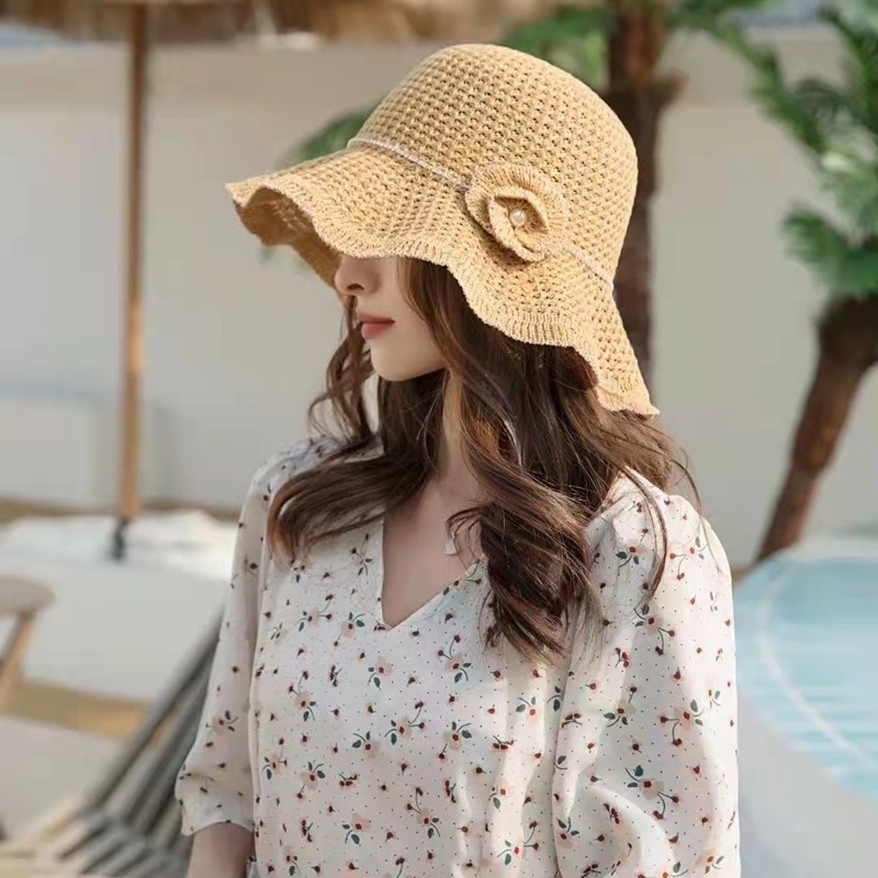Mũ Vành Tròn Vành To Đính Đá Họa Tiết Hoa Chống Nắng Thời Trang Đi Biển Cho Nữ