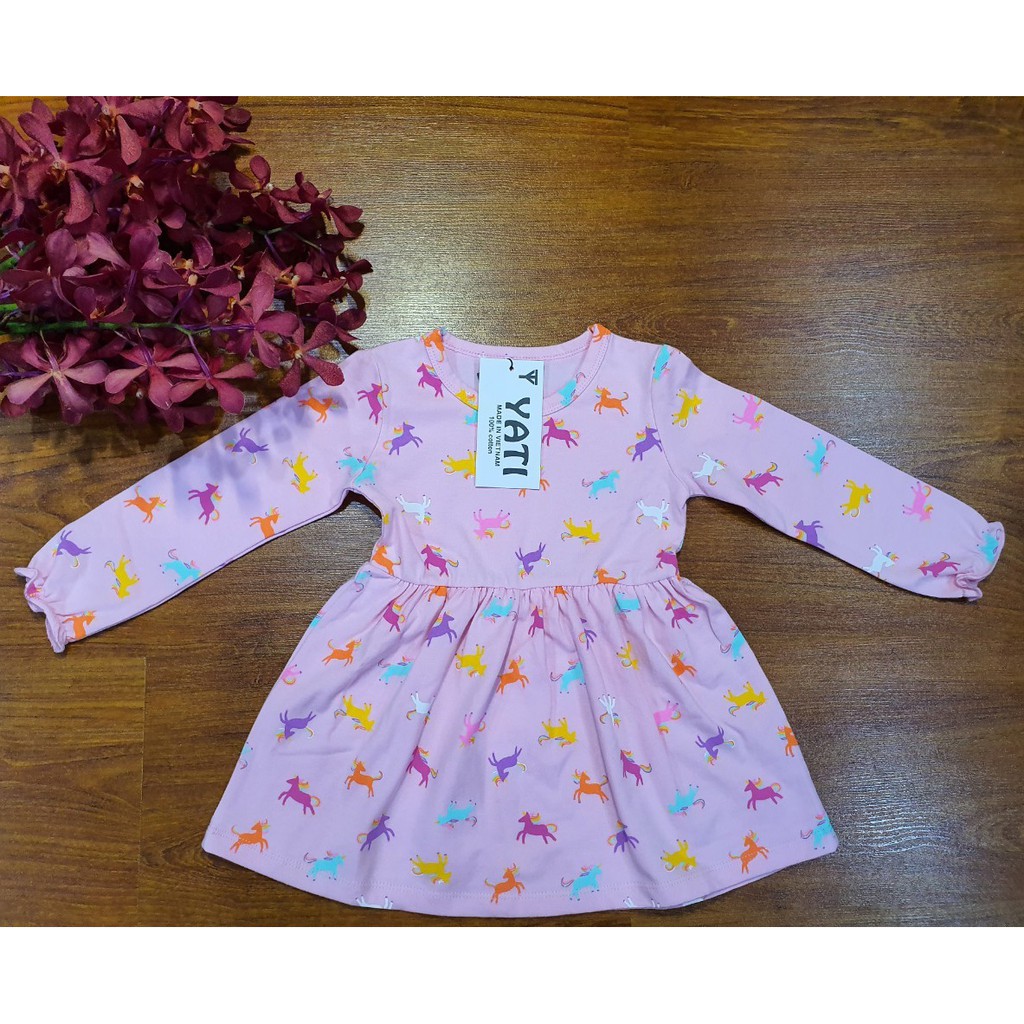 Đầm thun cotton tay dài họa tiết ngựa Pony hồng xinh xắn