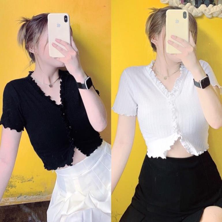 Áo Croptop Viền Bèo Cúc Bật (Ảnh thật) YUMI BÁN SỈ ⚡ Áo Croptop Tay Ngắn Bèo Thun Gân Co Giãn Cổ Chữ V * "