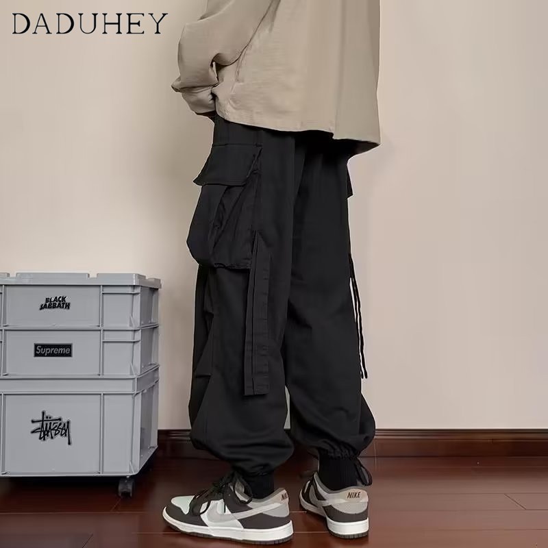DaDuHey Men's Fashion Brand Summer Beauty Style High Street Washed Loose Solid Color Sports Pants Overalls