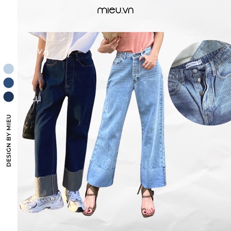 Quần jean nữ suông ống rộng cạp cao gập lai chất dày dặn MIEU - HN08